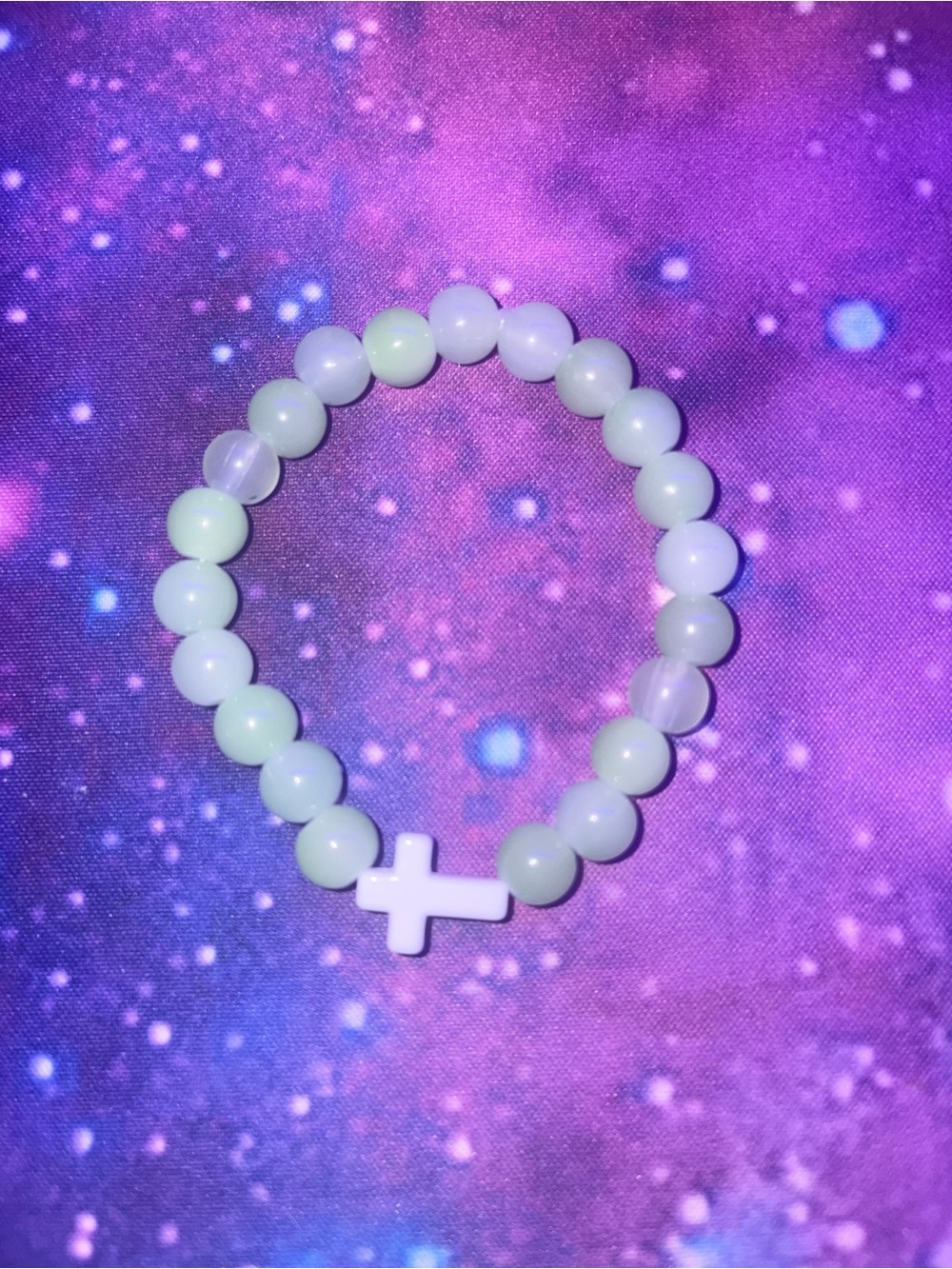 Handmade Light Green Beaded Cross Stretch Bracelet